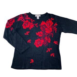 Floral Black & Red Long Sleeve Top By Cathy Daniels